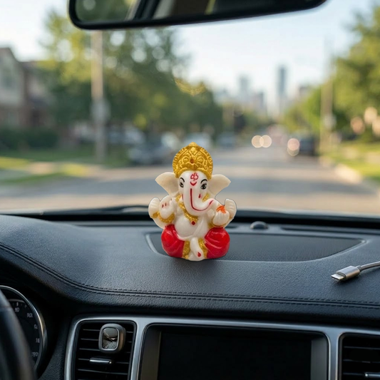 Premium White & Gold Ganesh Idol for Car Dashboard, Home & Office Decor – 6cm