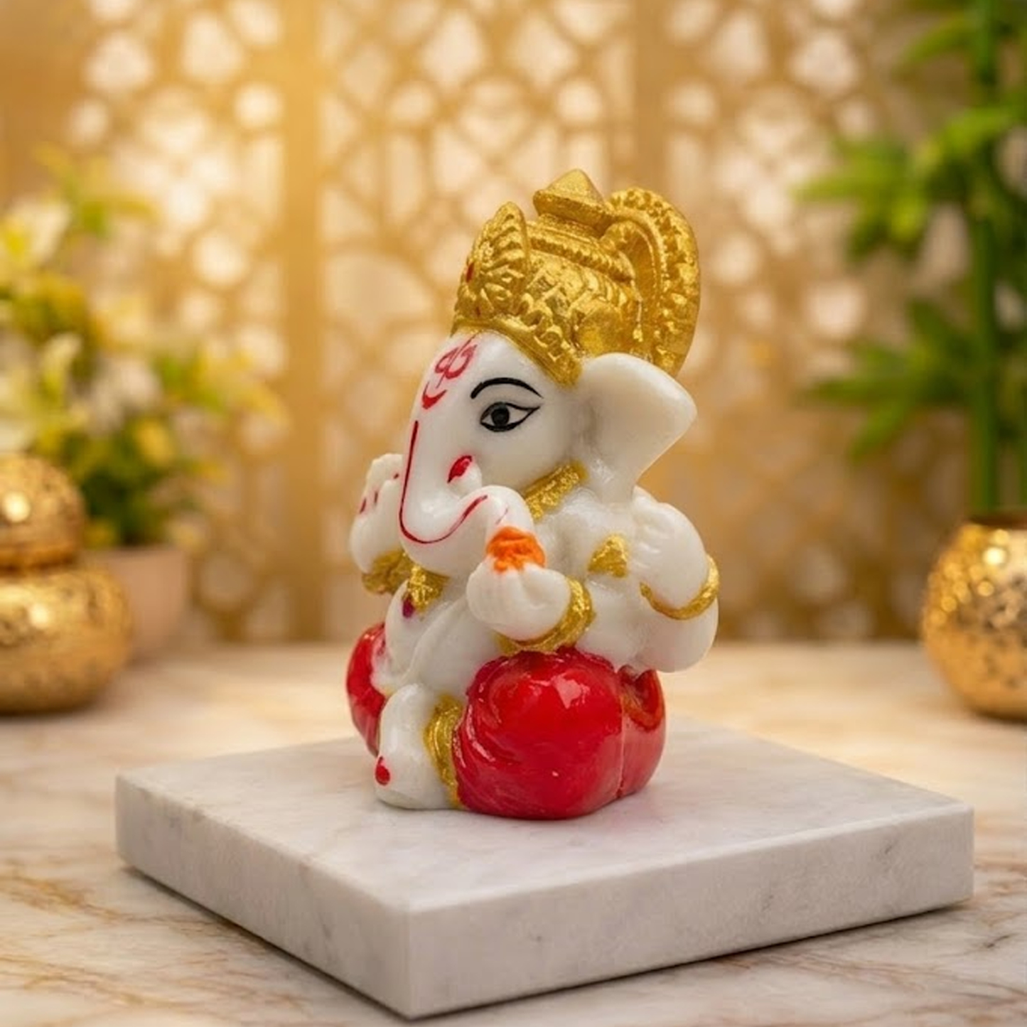 Premium White & Gold Ganesh Idol for Car Dashboard, Home & Office Decor – 6cm