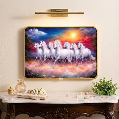 7 Running White Horses Wall Painting with Light – Luxury Vastu Home Decor Frame