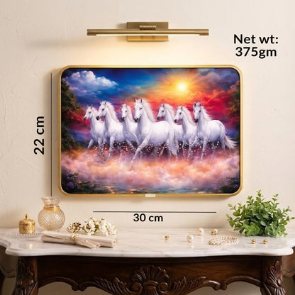 7 Running White Horses Wall Painting with Light – Luxury Vastu Home Decor Frame