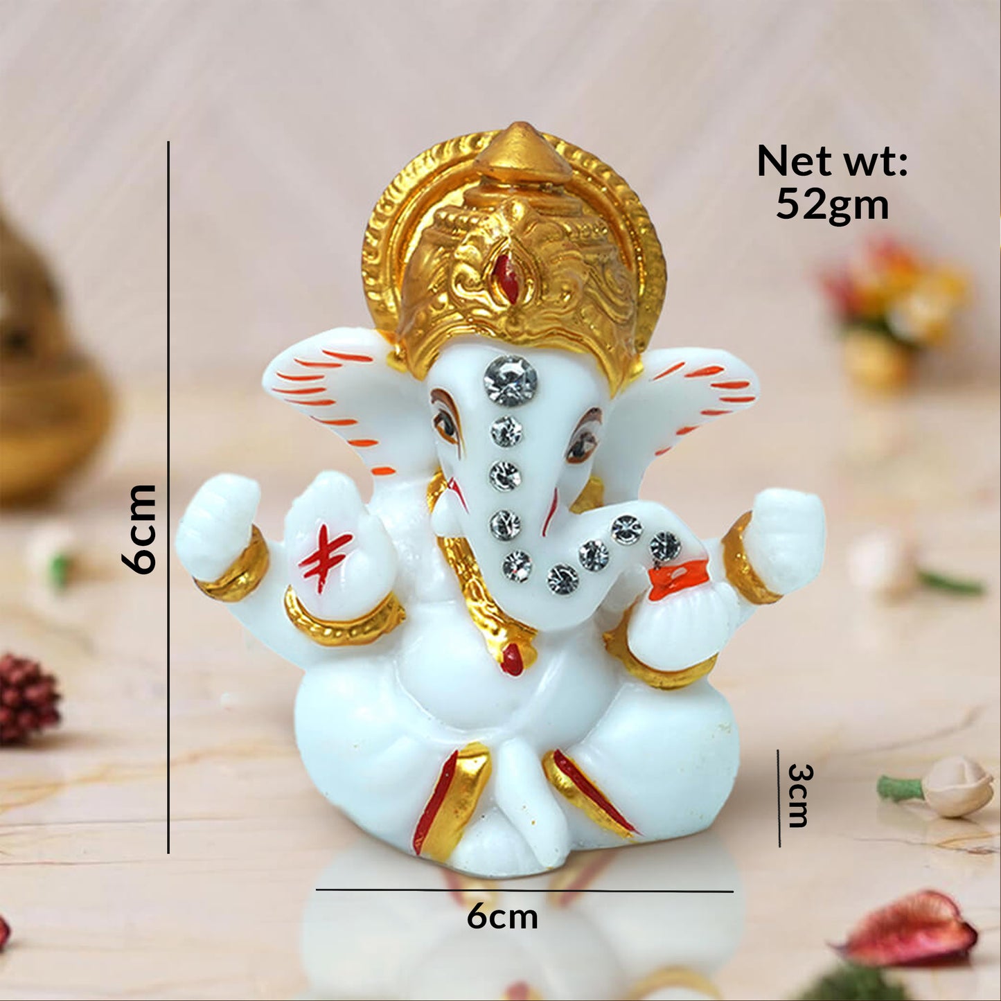 Premium White & Gold Ganesh Idol for Car Dashboard, Home & Office Decor – 6cm