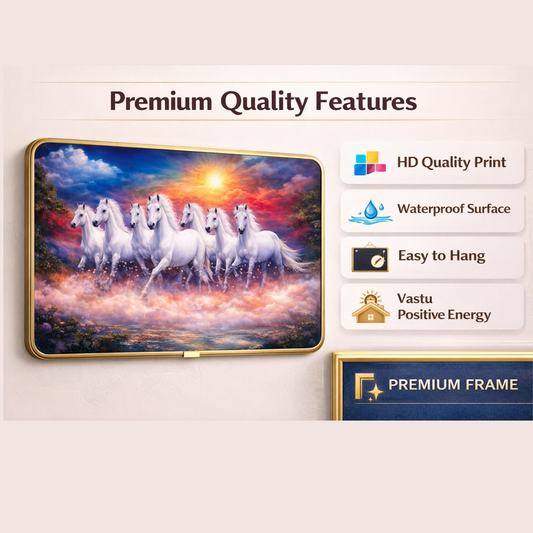 7 Running White Horses Wall Painting with Light – Luxury Vastu Home Decor Frame