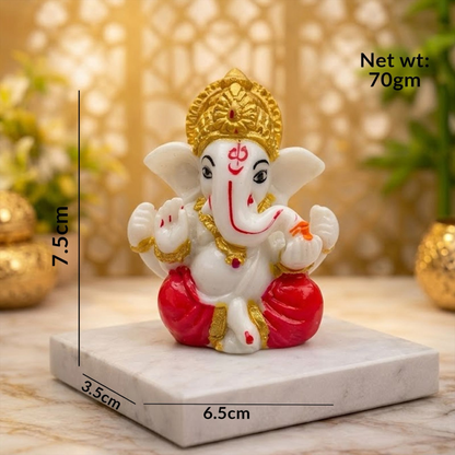 Premium White & Gold Ganesh Idol for Car Dashboard, Home & Office Decor – 6cm