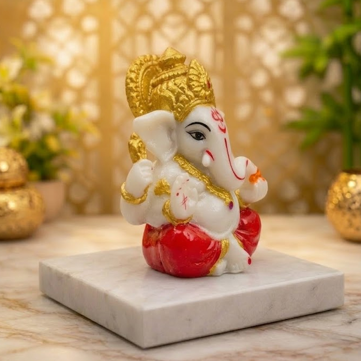 Premium White & Gold Ganesh Idol for Car Dashboard, Home & Office Decor – 6cm