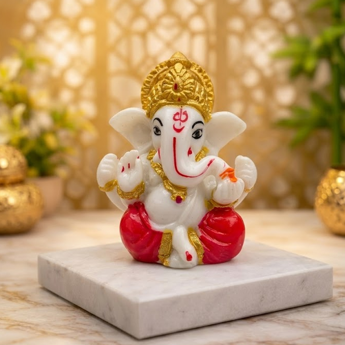Premium White & Gold Ganesh Idol for Car Dashboard, Home & Office Decor – 6cm