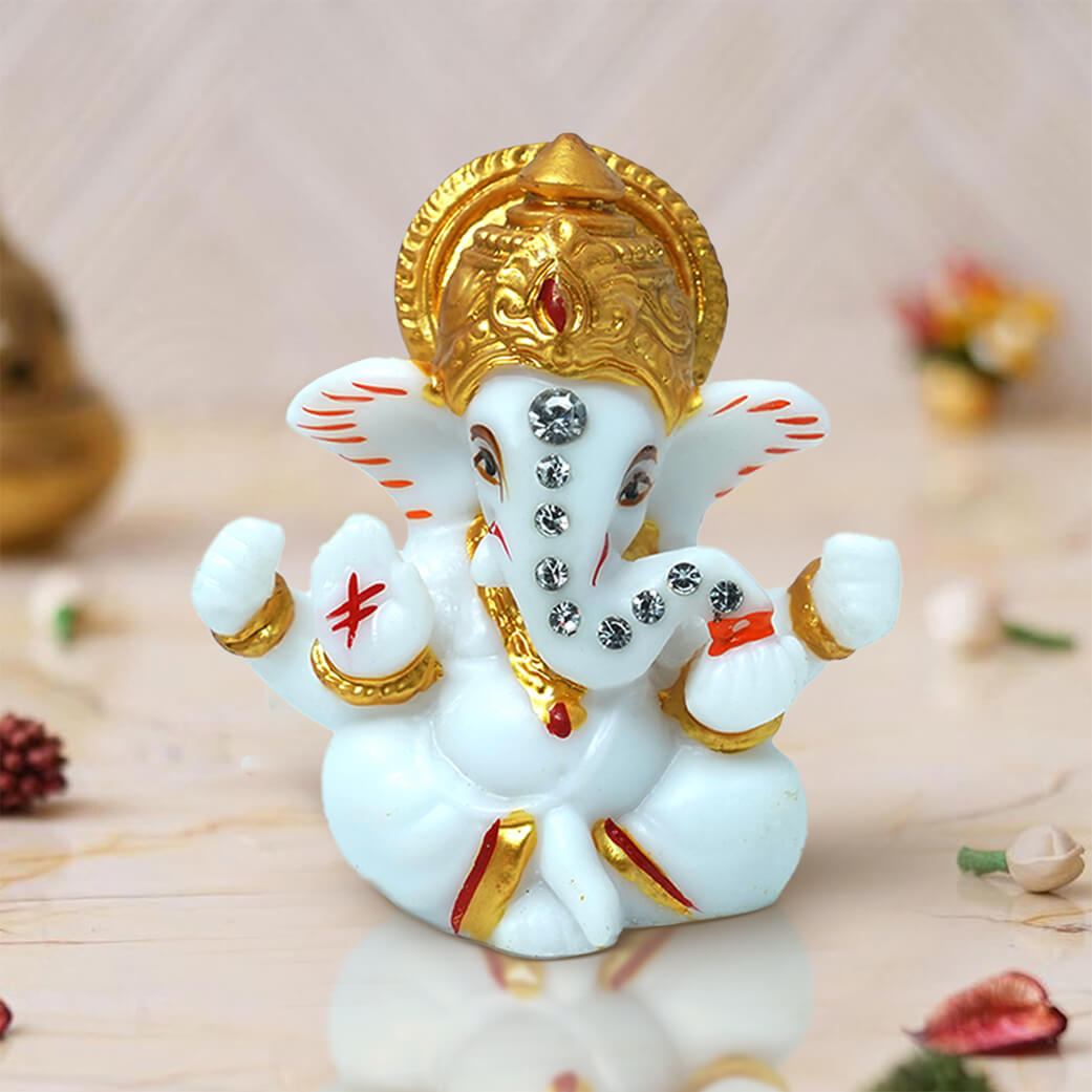 Premium White & Gold Ganesh Idol for Car Dashboard, Home & Office Decor – 6cm