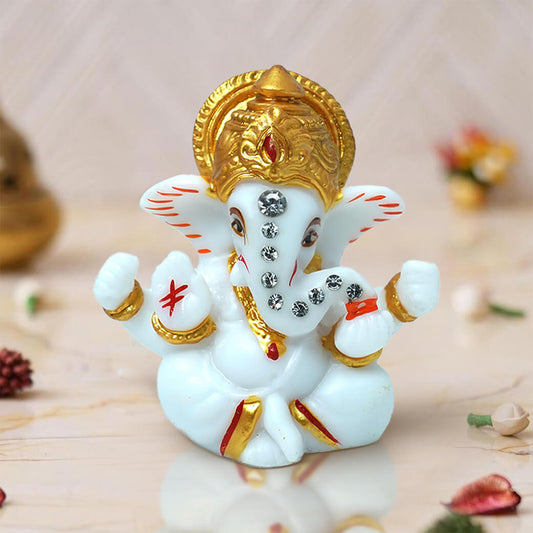 Premium White & Gold Ganesh Idol for Car Dashboard, Home & Office Decor – 6cm