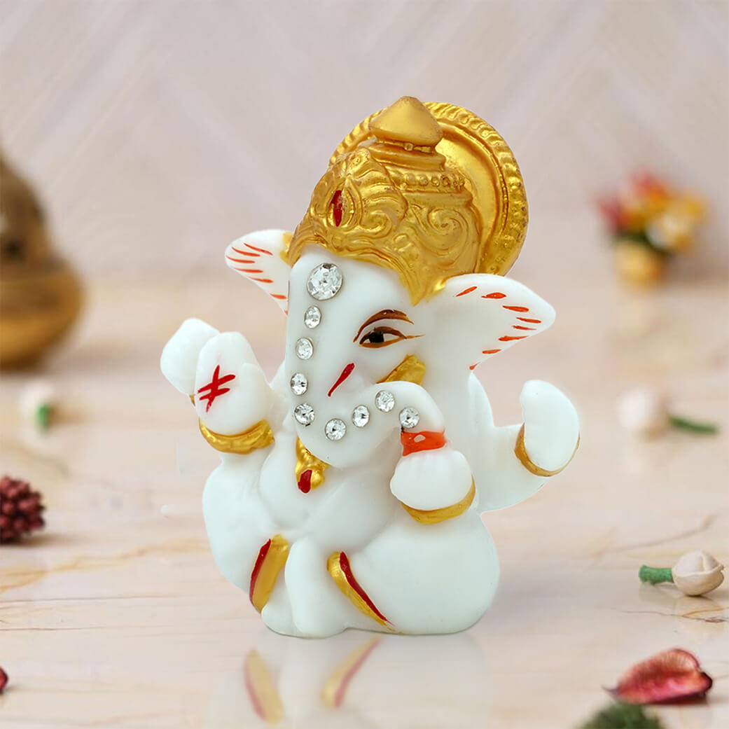 Premium White & Gold Ganesh Idol for Car Dashboard, Home & Office Decor – 6cm