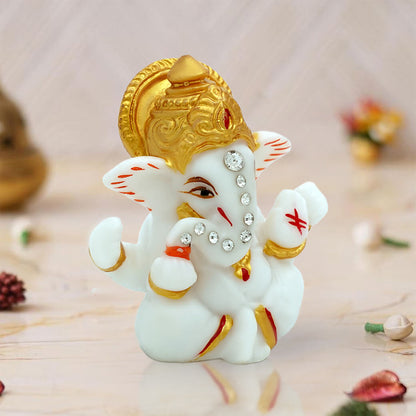 Premium White & Gold Ganesh Idol for Car Dashboard, Home & Office Decor – 6cm